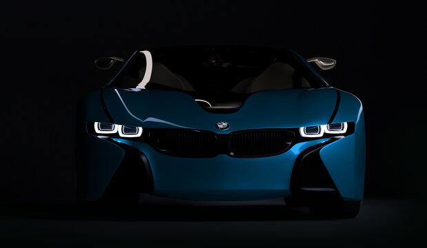 Almaty, Kazakhstan August 10, 2019. BMW i8 concept on the dark isolated background. 3D render