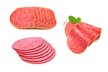 Tasty salami slices isolated on white