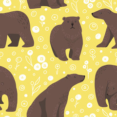 Cute brown bears flat hand drawn vector seamless pattern. Colorful wallpaper in scandinavian style. Abstract forest animals background. Beautiful design for prints, wrap, textile, fabric, decor, card.