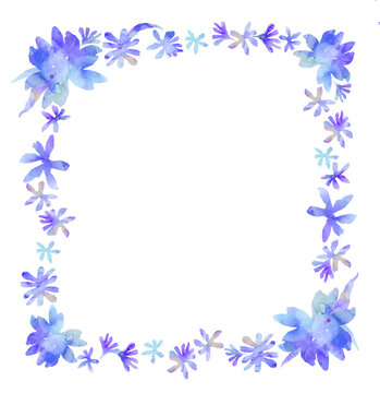 Square wreath of blue flowers painted with watercolor on a white background , processed in the program Adob Photoshop