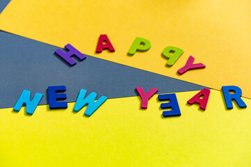 Happy new year font art colorful texting for greeting or celebrate card with colorful background, Sensitive Focus