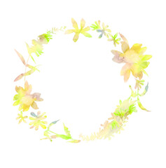 Round wreath of pastel gamma flowers painted with watercolor on a white background , processed in the program Adob Photoshop