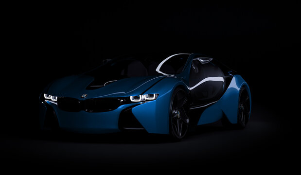 Almaty, Kazakhstan August 10, 2019. BMW i8 concept on the dark isolated background. 3D render
