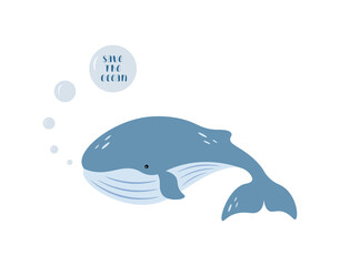 Vector illustration of the blue whale with water bubbles and text inside. Save the ocean. Flat style. Whales world day. 
