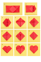 Step by step instruction how to make paper heart. DIY concept.