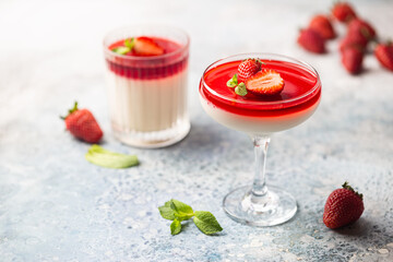 Italian panna cotta dessert with strawberry sirup and mint leaf