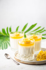 Italian dessert panna cotta with mango in glass on white background