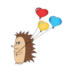 Valentines Day card. Happy birthday print. Hand drawing hedgehog. Vector illustration. Love balloon background.