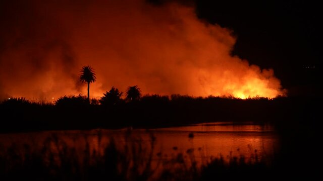 People watch massive fire burning at river bottom in Ventura, CA. 