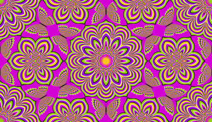 Colorful wrapping paper with flowers and butterflies. Optical illusion of movement. Seamless pattern.