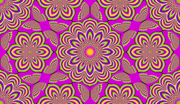 Colorful wrapping paper with flowers and butterflies. Optical illusion of movement. Seamless pattern.
