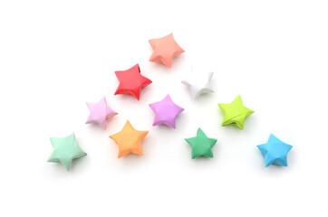 Colorful origami lucky stars on white