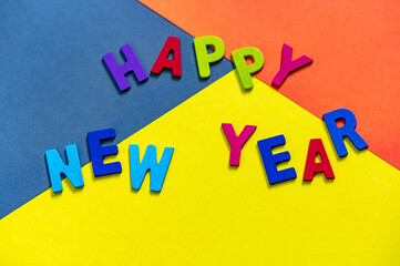 Happy new year font art colorful texting for greeting or celebrate card with colorful background, Sensitive Focus