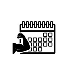 Fitness calendar icon. Strong muscle arm and calendar icon isolated on white background
