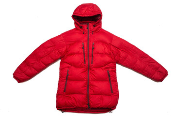 isolated on white red down jacket with hood