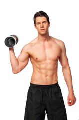 Fototapeta na wymiar Portrait of a fit young white male athlete with short dark hair posing by himself holding a dumbbell in a studio with a white background.