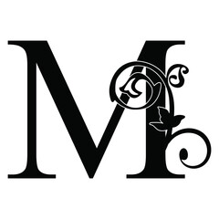 letter M. Vintage black flower ornament initial letters.  Alphabet. Logo vector 
