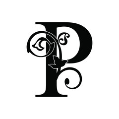 letter P. Vintage black flower ornament initial letters.  Alphabet. Logo vector 
