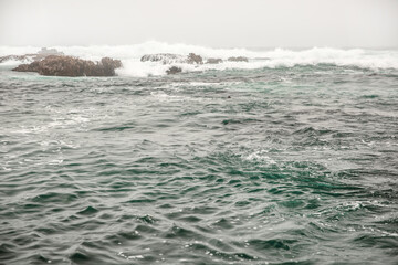 The Pacific Ocean coast in the city of Monterey in California. United States of America. Beautiful beach on a sunny day. Ocean landscape.