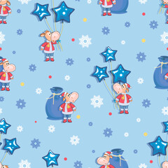 Bull 2021. Calf. Santa Claus. Festive winter background. Cute little calf with balloons in shape of bright blue star. Seamless background, pattern for textiles, festive packaging. Vector illustration.