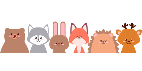 Set of portraits of cute forest animals. Flat design for poster or t-shirt. Vector illustration
