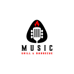 Spatula Guitar with Fire Flame Isolated Inside Guitar Pick Live Music Concert for Grill and Barbecue Store, Bar Cafe Restaurant Pub Nightclub Logo Design
