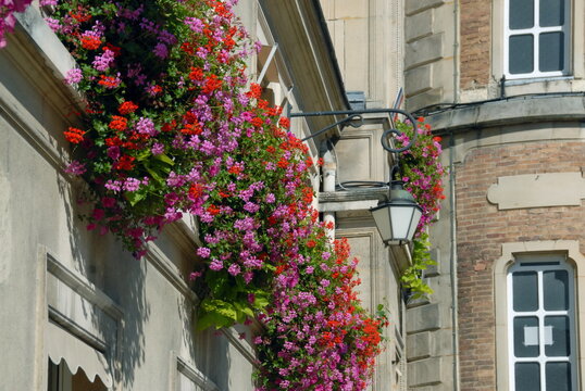 Ville de Melun, fa&ccedil;ade tr&egrave;s fleurie de l'H&ocirc;tel de Ville et lanternes, d&eacute;partement de Seine-et-Marne, France