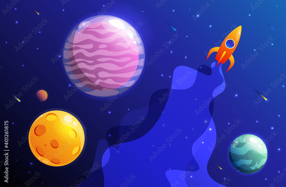 Poster space background with planets and spaceship.