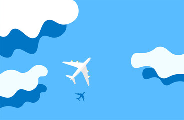 Plane flies over water among clouds, casting shadow, simple vector illustration.
