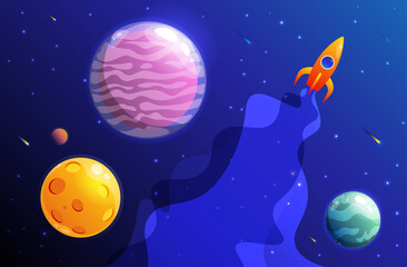 Space background with planets and spaceship.