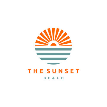 Sunset on a White Background, Sunset Sun, Icon, Isolate, Flat Sunset, Color Illustration, The Sun and The Sea, The Sign of the Nature Stock Vector