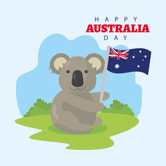 Obraz na płótnie Canvas happy australia day lettering with koala waving flag