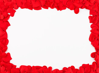 Valentine's Day background. Frame from red hearts on white background. Valentines day concept. Flat lay, top view, copy space.