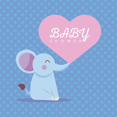baby shower card with cute elephant baby and heart flat style icon