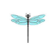 Dragonfly. Black dragonfly with blue wings on white background. Flat design. Silhouette icon. Vector illustration