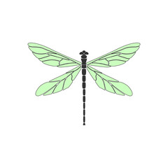 Dragonfly. Black dragonfly with green wings on white background. Flat design. Silhouette icon. Vector illustration