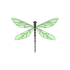 Dragonfly. Black dragonfly with green wings on white background. Flat design. Silhouette icon. Vector illustration