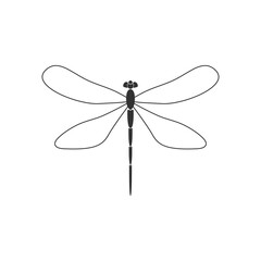 Dragonfly. Black dragonfly with linear wings on white background. Flat design. Silhouette icon. Vector illustration