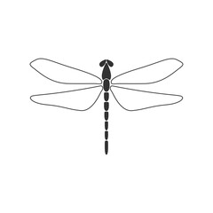 Dragonfly concept. Black dragonfly with linear wings on white background. Flat design. Silhouette icon. Vector illustration