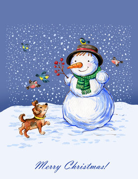 Watercolor illustration of a snowman, birds and a puppy