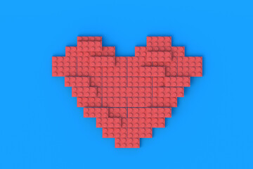 Red heart made from plastic toy constructor bricks. Valentine's Day celebrating. First love concept. Not real relationships, feelings. 3d rendering