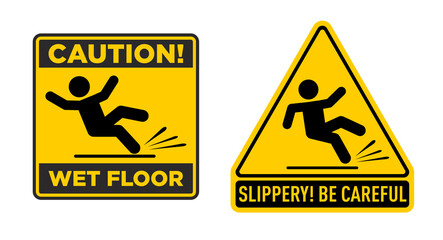 Wet Floor sign, yellow triangle and square with falling man. Isolated vector illustration on transparent background