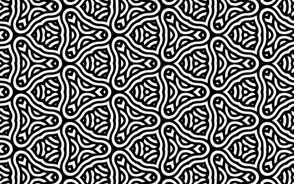 Black White Geometric Texture With Indian Intertwined Lines Pattern In Doodling Style For Coloring. Ethnic Background.