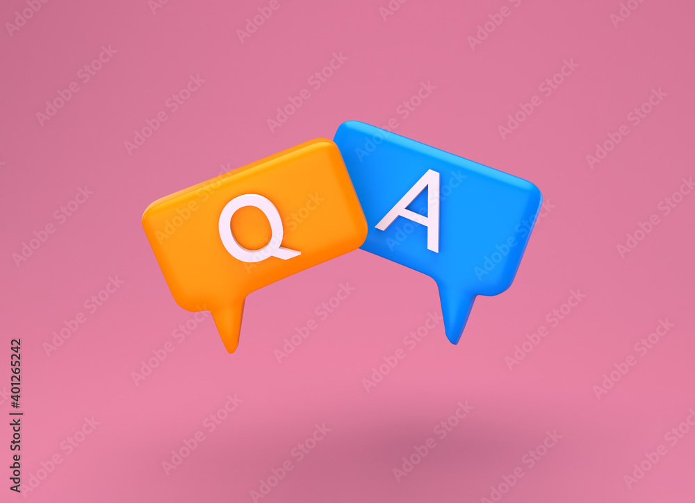 Poster question and answer bubble speech minimal concept. cartoon 3d qa chat bubble illustration. 3d render