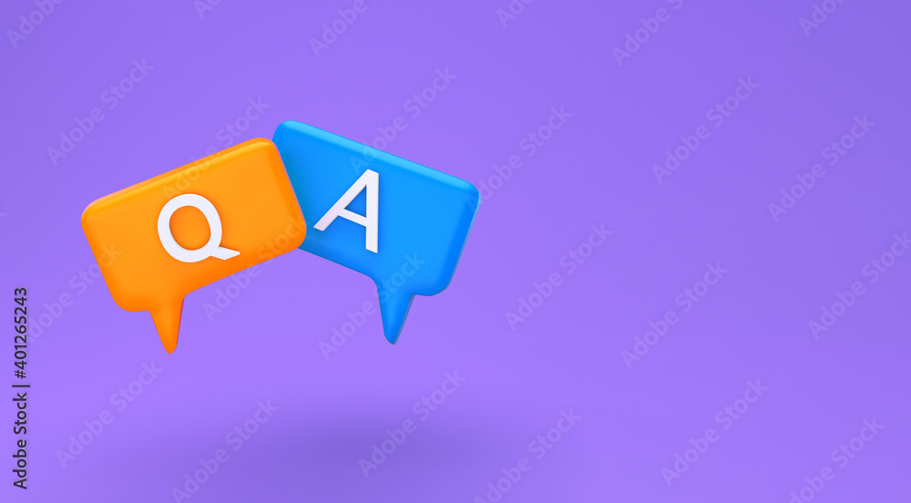 Poster question and answer bubble speech minimal concept. cartoon 3d qa chat bubble illustration. 3d render