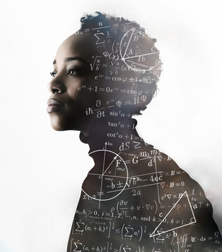 Silhouette of woman covered with mathematical formulas