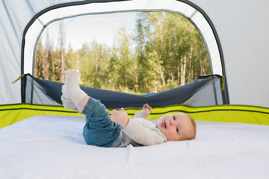 USA, Utah, Uinta National Park, Baby boy (6-11 months) lying in tent, forest in background