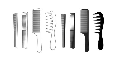 set of combs for barber - vector illustration isolated on white background. cutting tools