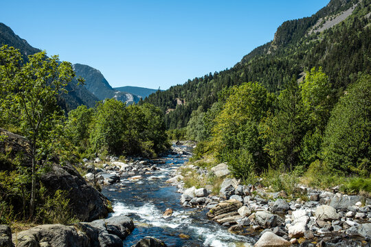 Long narrow waterfall of mountain river flowing over big stones between trees on cliffs in gorge