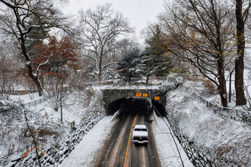 New York City - USA - Dec 17 2020: Winter Morning Snow Storm Hits Central Park New York City